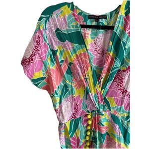 America & Beyond Women's Small Floral Pink Yellow Green Pom Pom Beach Cover‎ Up